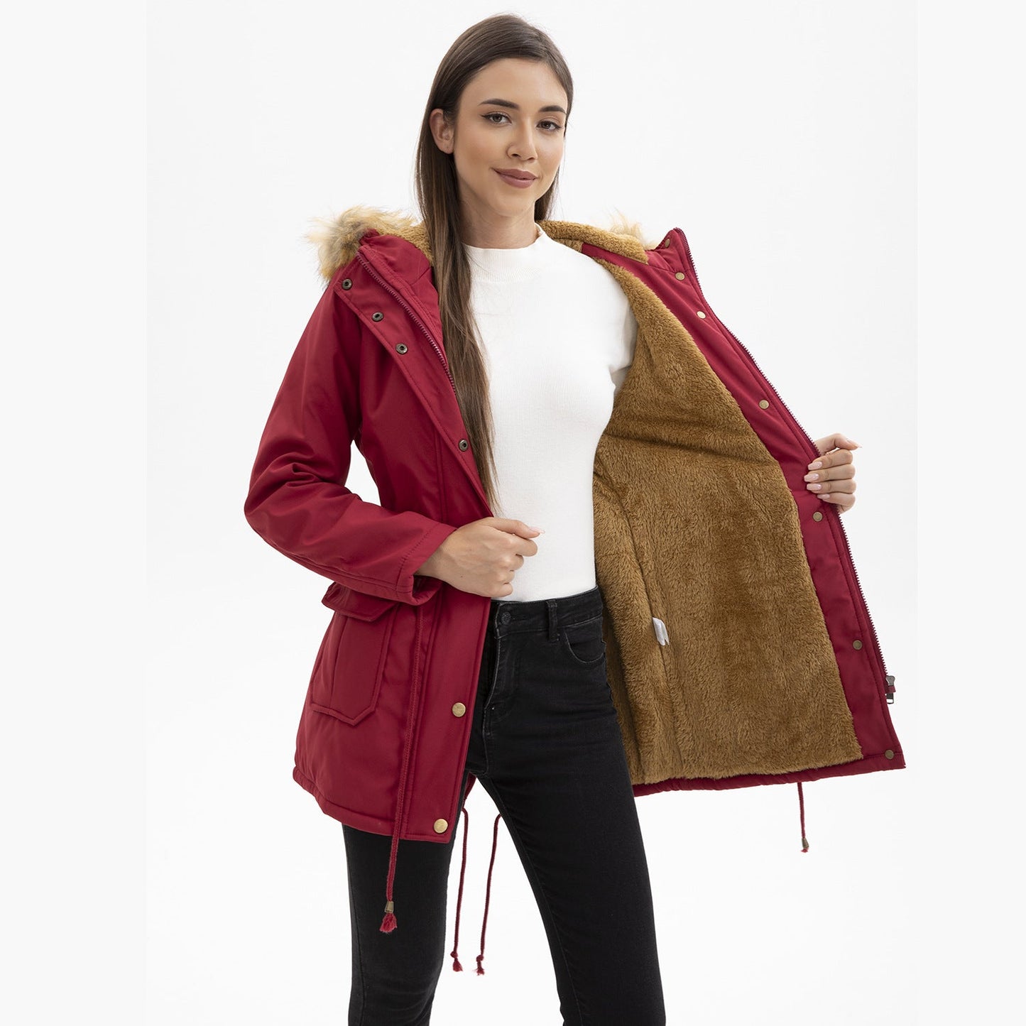 Women's Fleece-lined Parka Hooded With Fur Collar Mid-length Coats
