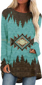 Women's Digital Printing Round Neck Long Sleeve Blouses