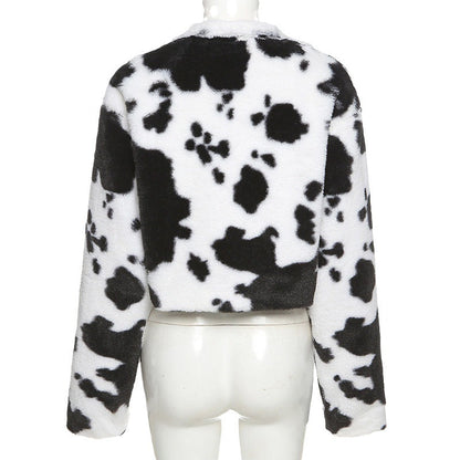 Women's Black White Polka Dot Plush Loose Coats