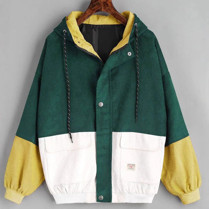 College Style Loose Color Matching Hooded Coats