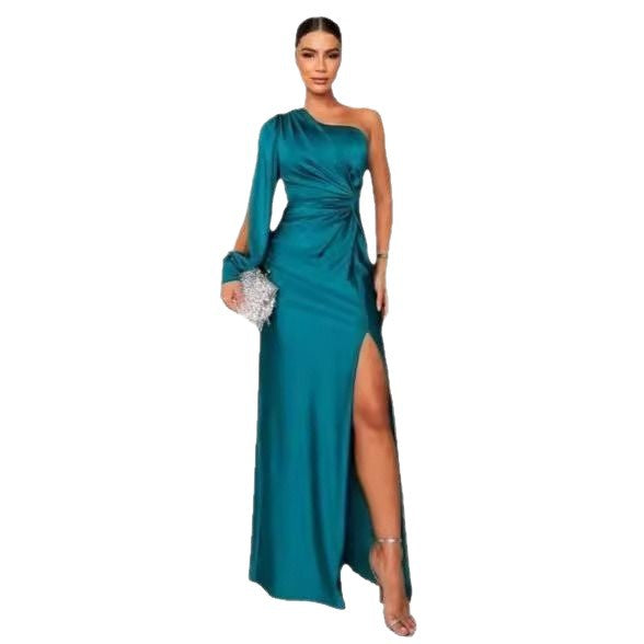 Women's Diagonal Collar Raglan Sleeve Pleated Waist Tight Split Dresses