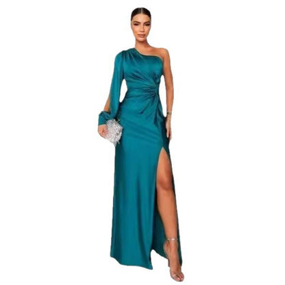 Women's Diagonal Collar Raglan Sleeve Pleated Waist Tight Split Dresses