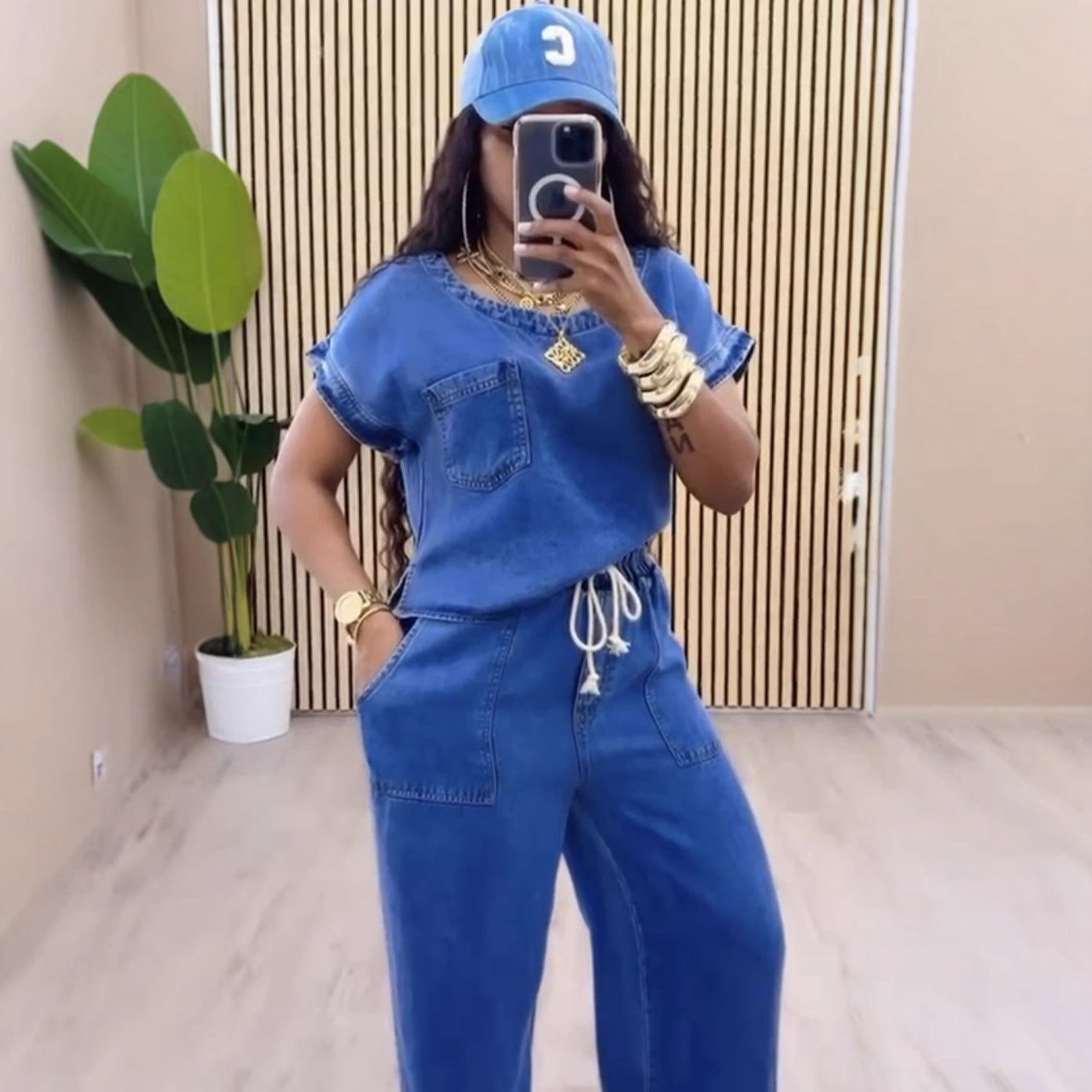 Women's Round Neck Sleeve Drawstring Loose Straight Suits