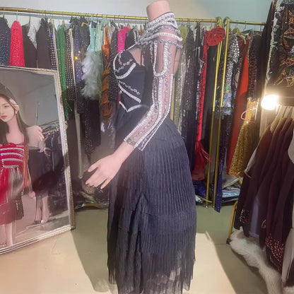Beaded Mesh Long Sleeve Diamond Slim Dresses