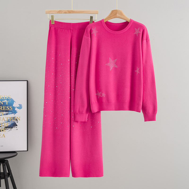 Women's Autumn Elegant Rhinestone Loose Wide Leg Suits