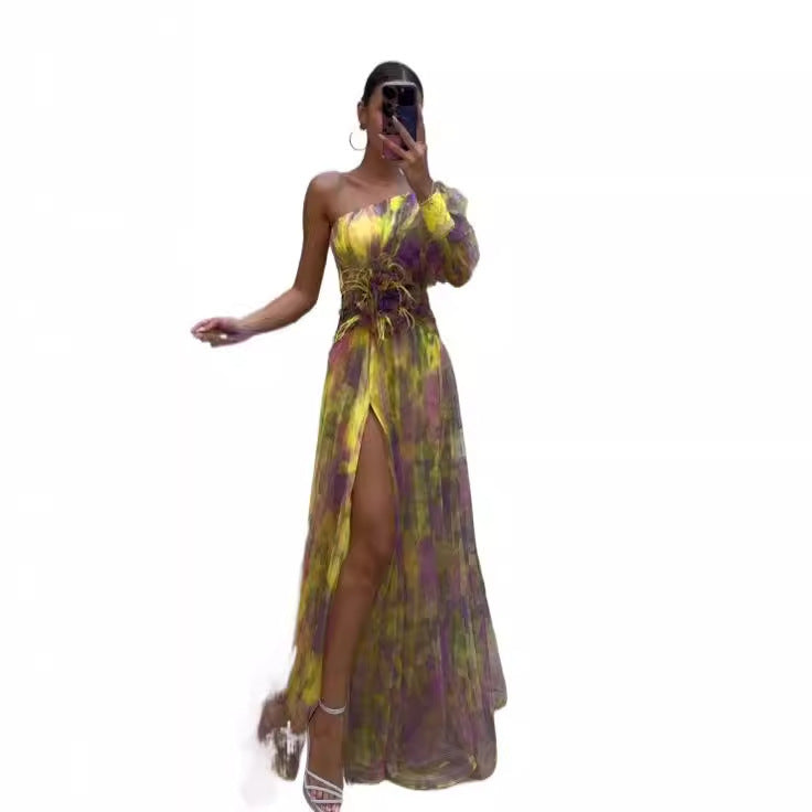 Women's Shoulder Long Sleeve Floral Yarn Dress Dresses