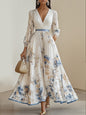 Women's Digital Printed Collar Long Sleeve Pleated Dresses