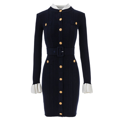 French Style Contrast Color Round Neck Knitted Dress Dresses