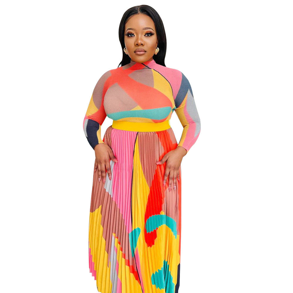 Women's Large Long-sleeved Printed Pleated Two-piece Suits