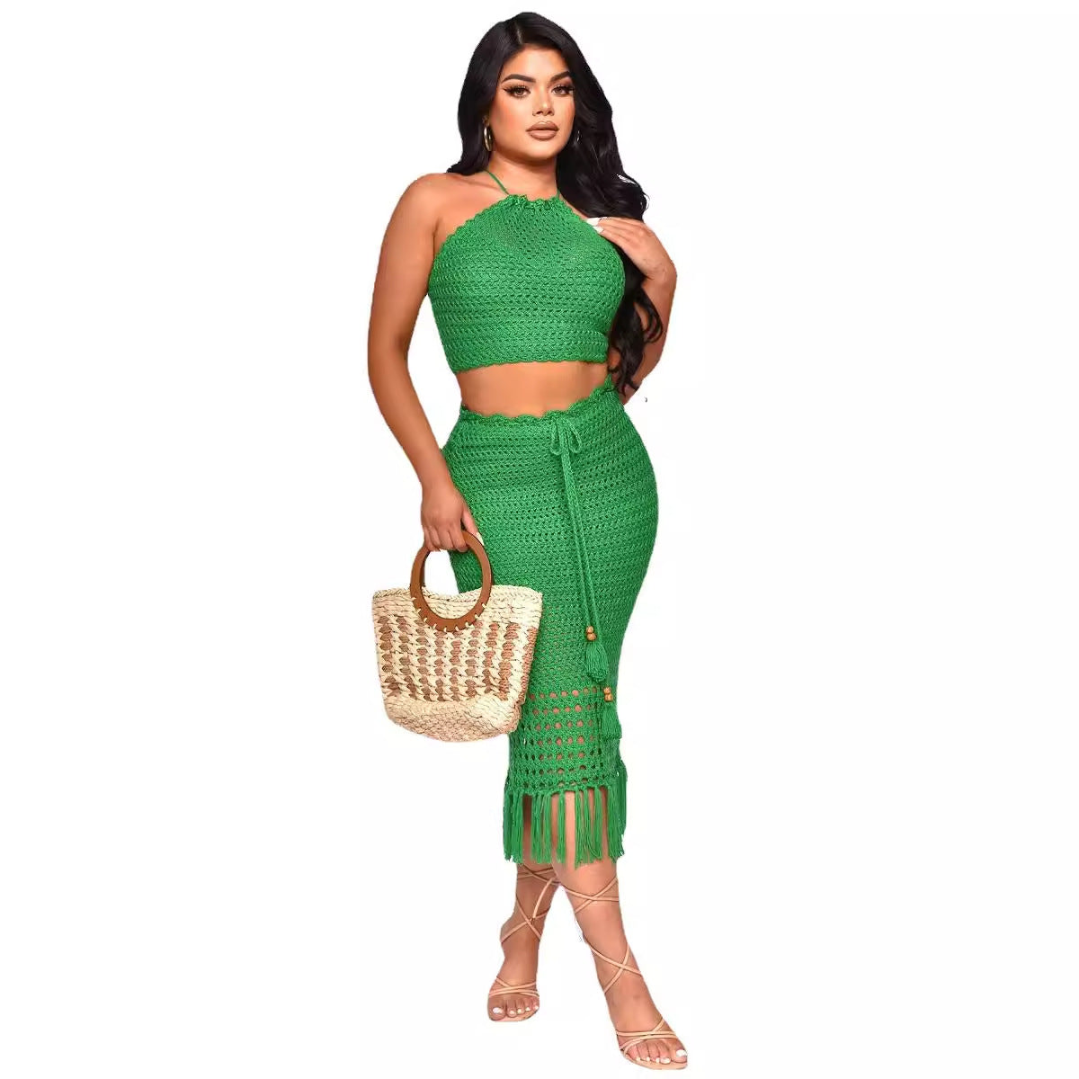 Women's Tassel Fishnet Knit Casual Two-piece Set Suits