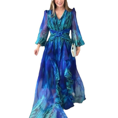 Vintage Fashion Print Long Sleeve Elegant Dresses