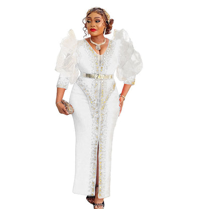 Women's Style Puff Sleeve Long-sleeved Rhinestone Long Dresses