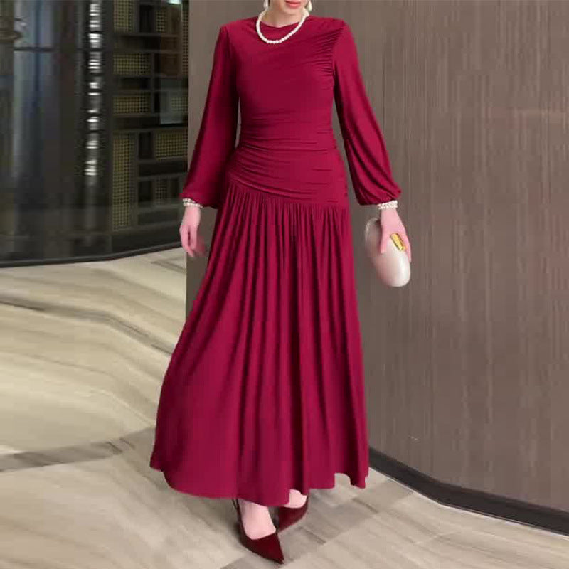 Women's Pleated Waist Tight Long Sleeve Round Dresses