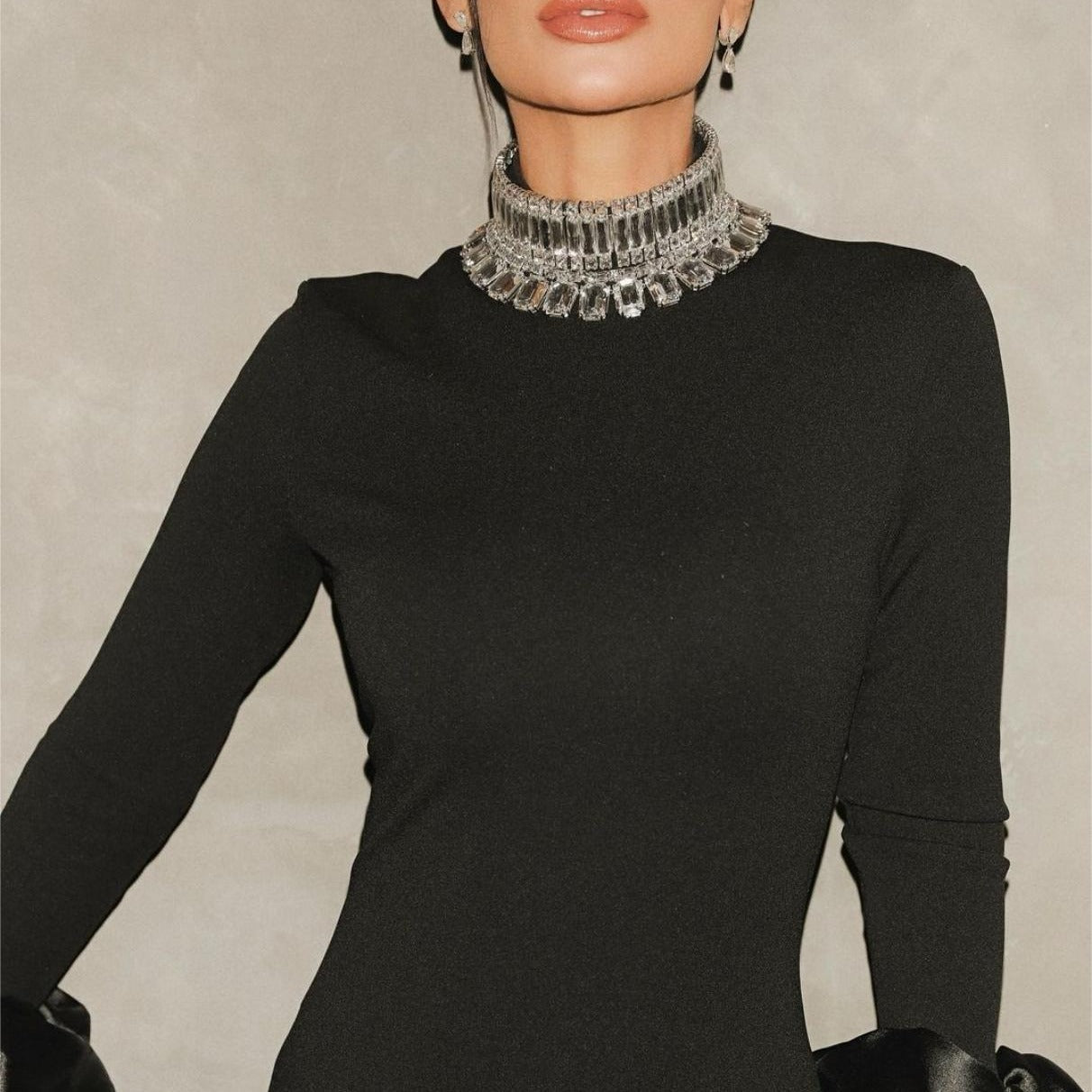 Bell Sleeve Rhinestone Collar Black Dress Elegant Dresses