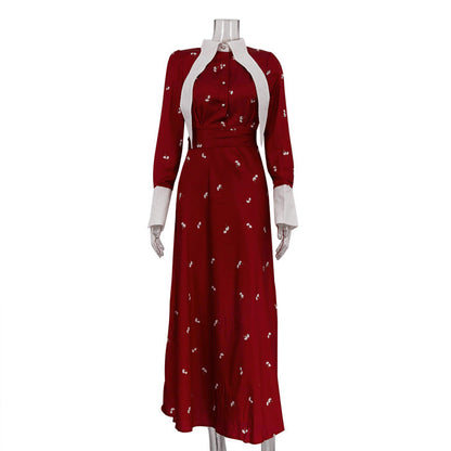 Women's French Style Design Printed Satin Dress Dresses