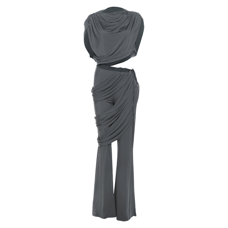 Women's Pleated Round Neck T-shirt Solid Color Pants