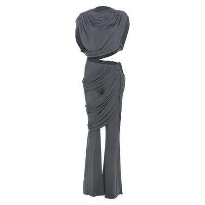 Women's Pleated Round Neck T-shirt Solid Color Pants
