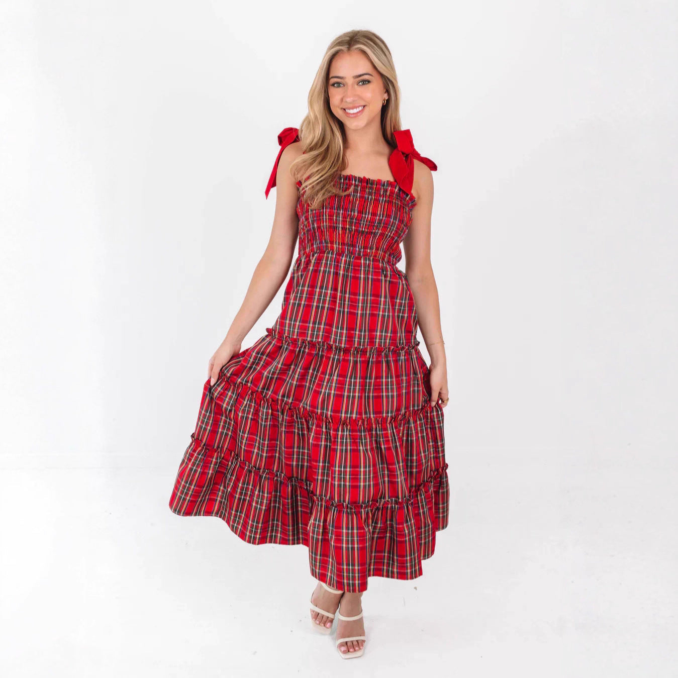 Women's Christmas Color Plaid Printed Tied Dress Dresses