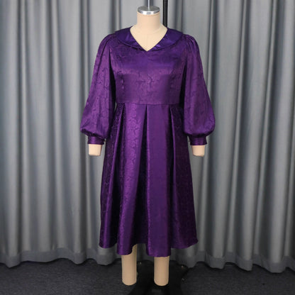 Women's Satin Jacquard Lantern Long Sleeve Swing Dresses