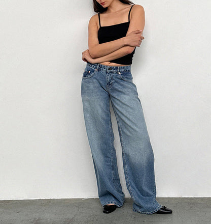 Women's Retro Low Waist Washed Straight Autumn Street Wide Leg Jeans