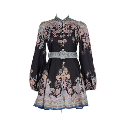 Design High Version Single-breasted Stand-up Collar Puff Sleeve Dresses