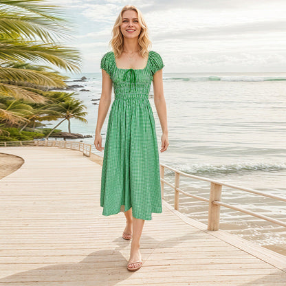 Women's Plaid Square Collar Cotton Holiday Waist Mid-length Dresses