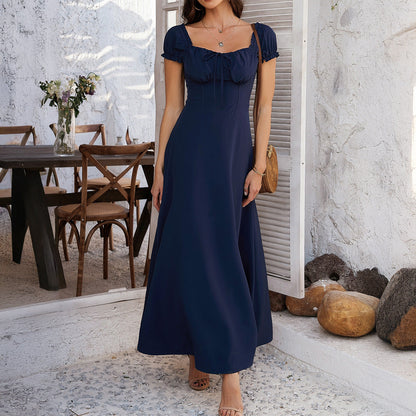 Women's Pure Color Tied Pleating Puff Sleeve Dresses