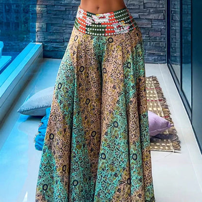 Set Waist Color Contrast Patchwork A- Line Pants