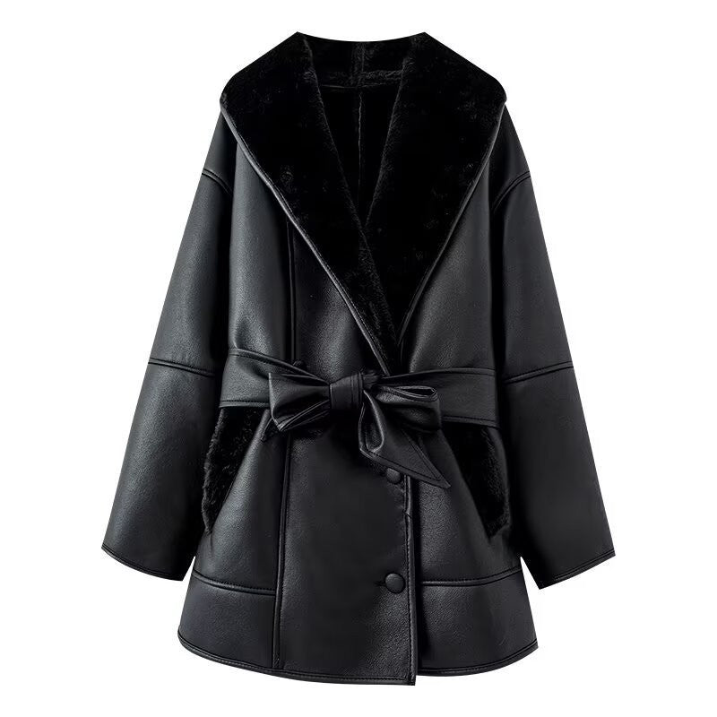 Women's Spring Festival Fashion Cashmere Leather Fur Collar Jackets