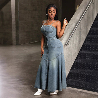 Fashionable Temperament Mid-length Single-breasted Suspender Denim Dresses
