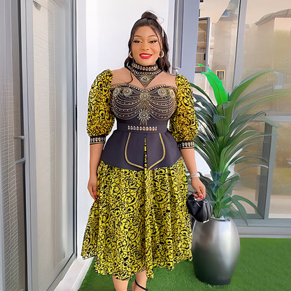 Women's African Rhinestone Bubble Beads Drawstring Lace Dresses