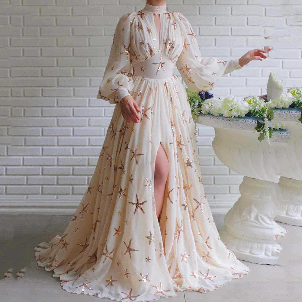 Sequined Slit Lantern Sleeve Formal Swing Dresses