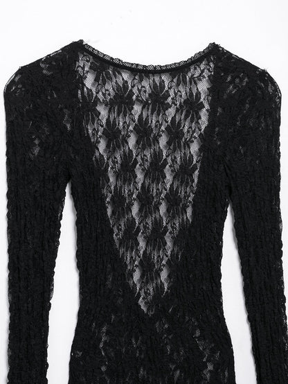 Women's Lace Round Neck Long Sleeve Backless Dresses