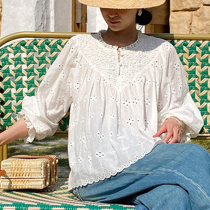 Women's Spring French Embroidery Shirt Long Sleeve Loose-fitting Blouses