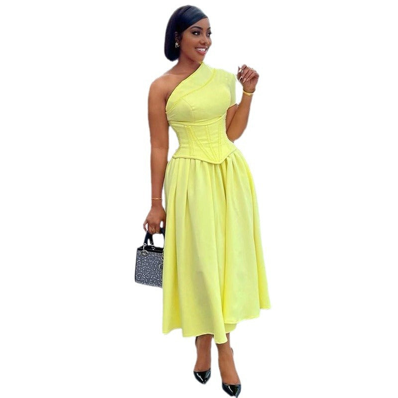 Women's Summer Diagonal Collar Sleeve Waist Seal Dresses