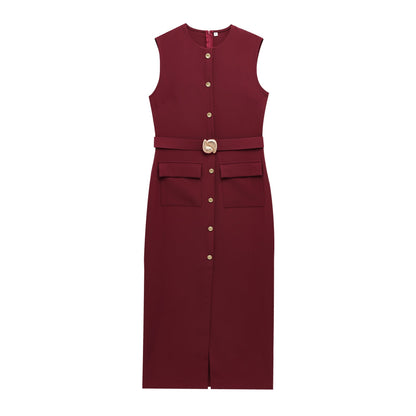 Women's Belt Sleeveless Round Neck Midi Dress Dresses