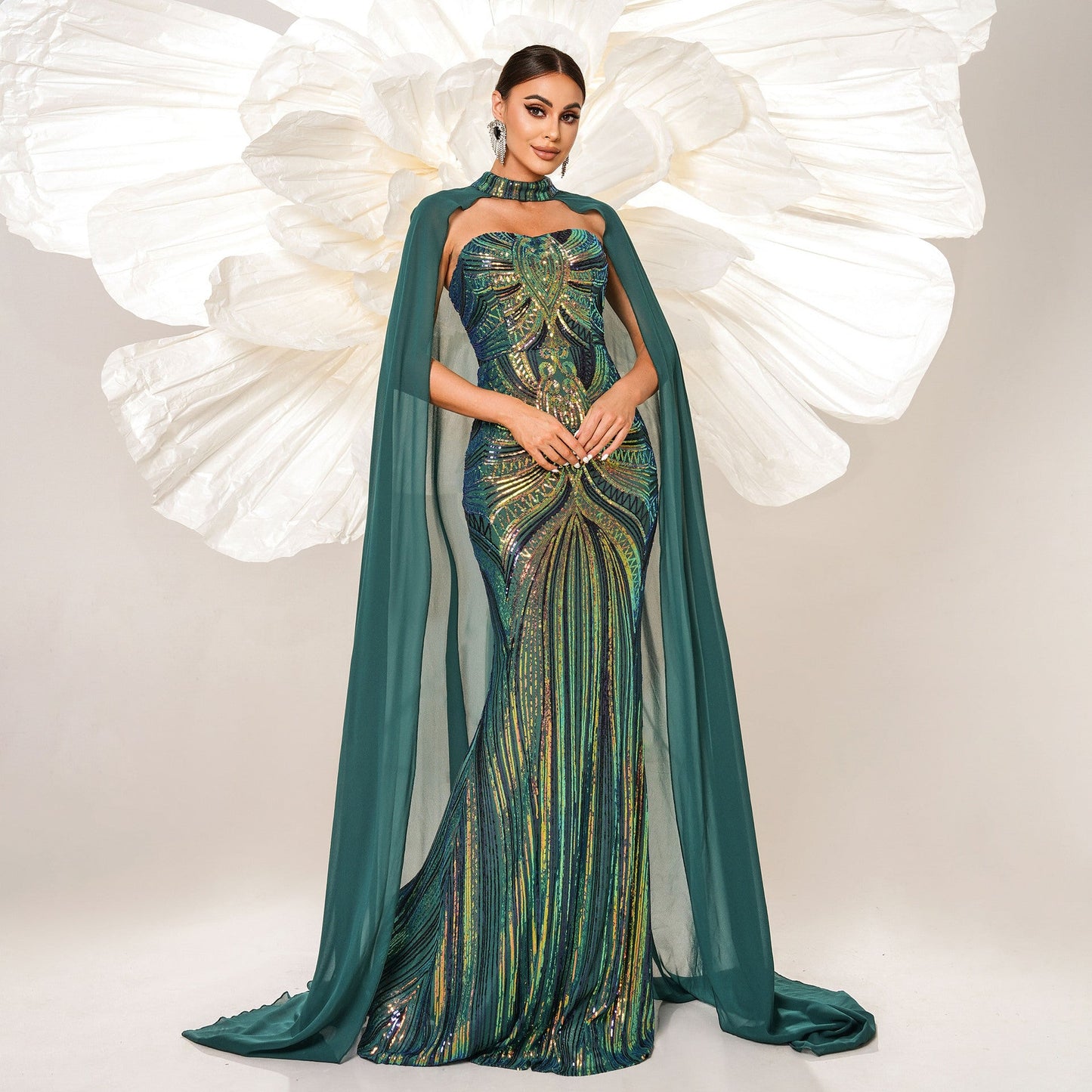 Women's Sleeve Sequined Banquet Cloak Fishtail Dress Dresses