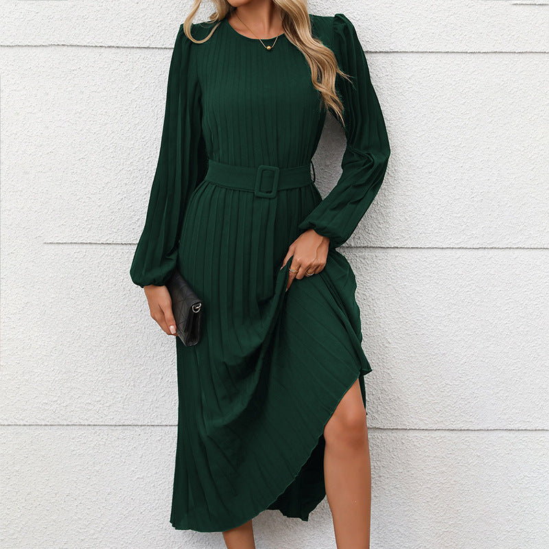 Women's Dress Long Sleeve Pleated High Waist Dresses