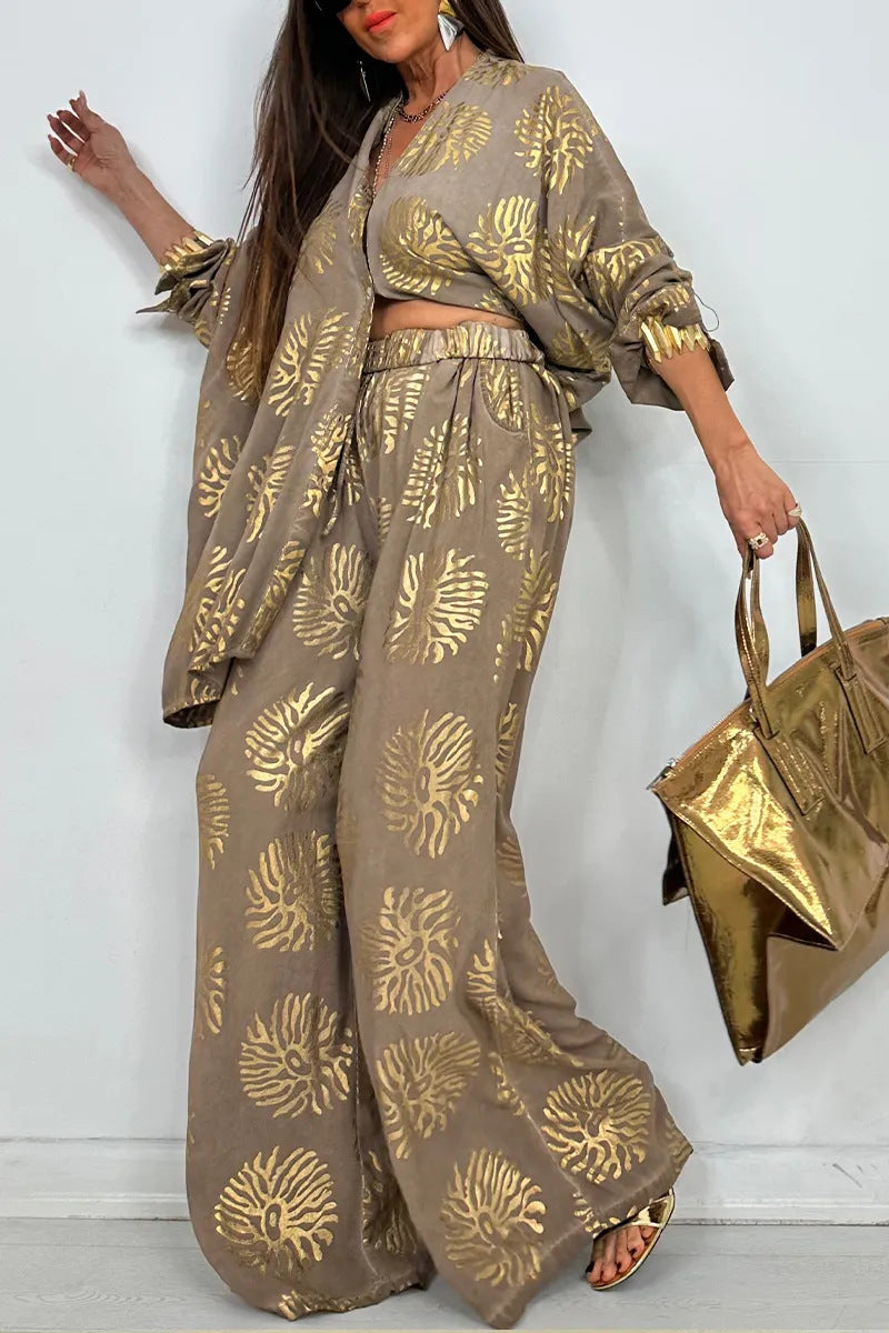 Women's Lapel Print Gilding Loose Casual Long Suits