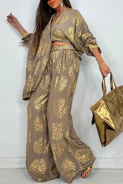Women's Lapel Print Gilding Loose Casual Long Suits