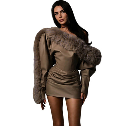 Women's Personalized Shoulder Fur Slim Fit Patchwork Dresses