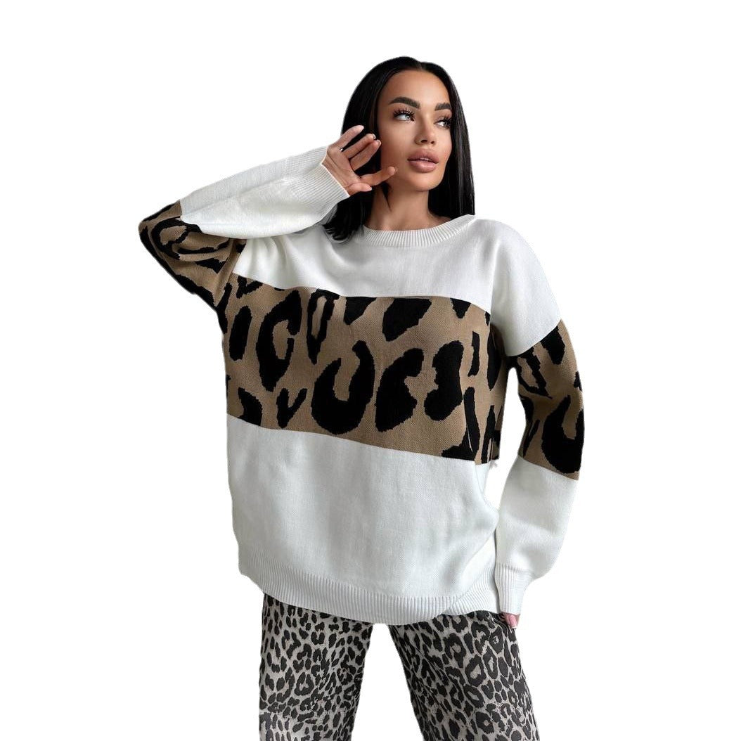 Women's Contrast Color Fashionable Loose Round Neck Idle Style Early Sweaters