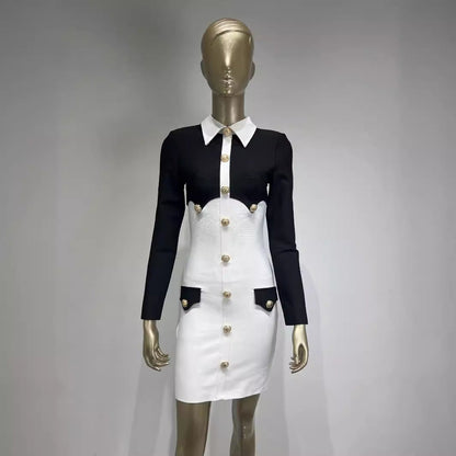 White Stitching Collar Metal Button Bandage Dresses