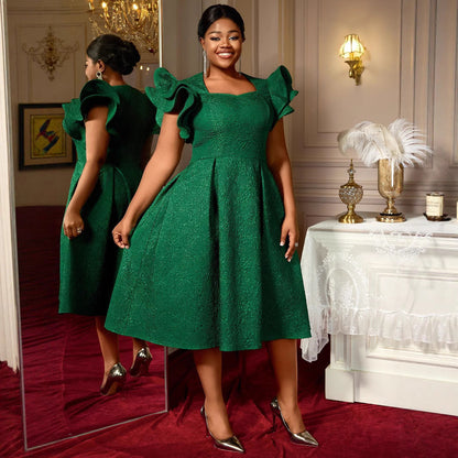 Elegant Jacquard Square Collar Dress Lotus Leaf Three-dimensional Dresses