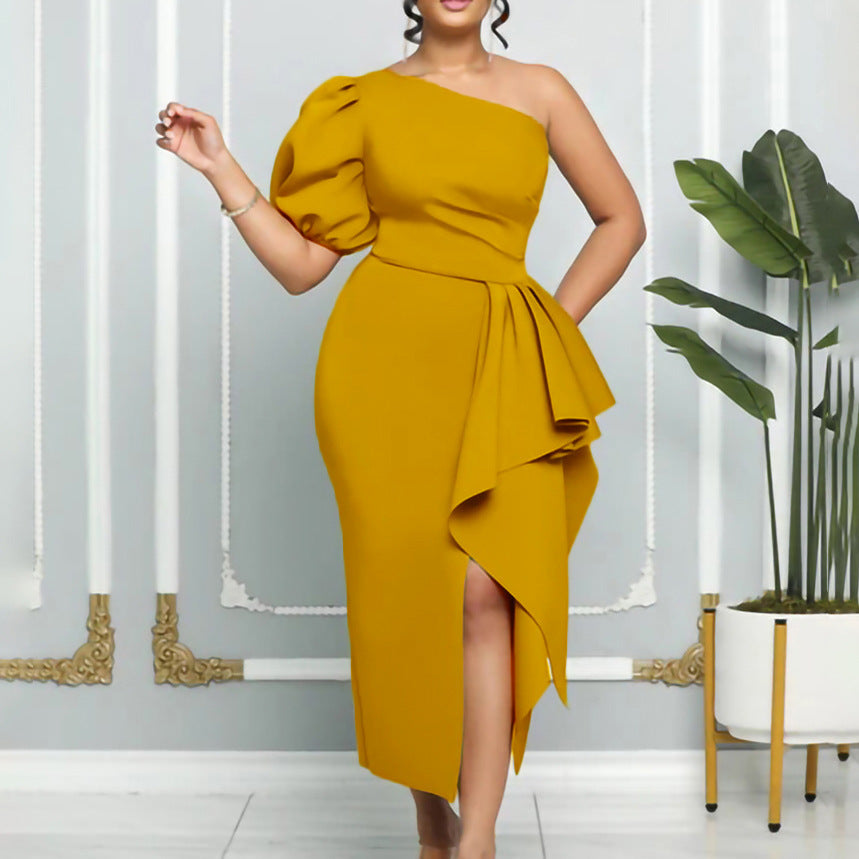 Women's Summer Temperament Puff Sleeve Banquet Slit Dresses