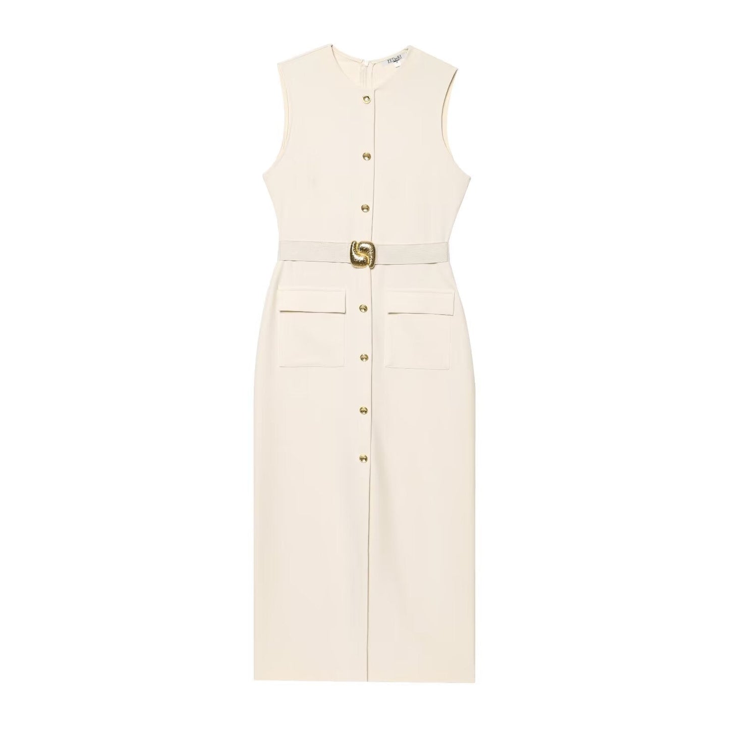 Spring With Belt Crepe Sleeveless Midi Dresses