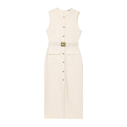Spring With Belt Crepe Sleeveless Midi Dresses