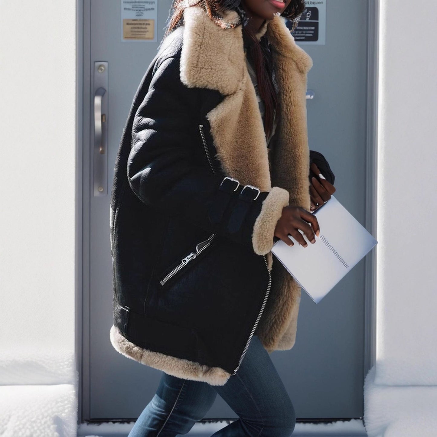 Women's Motorcycle Suede Lamb Wool Lapel Fur Coats