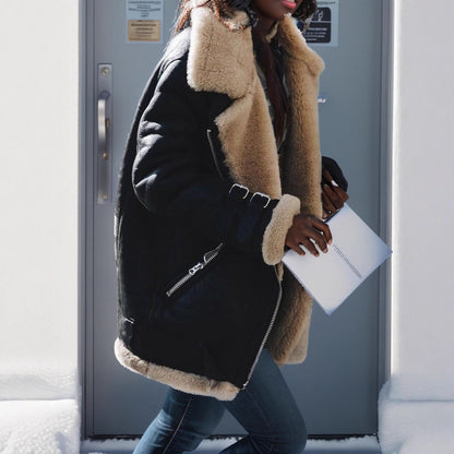 Women's Motorcycle Suede Lamb Wool Lapel Fur Coats