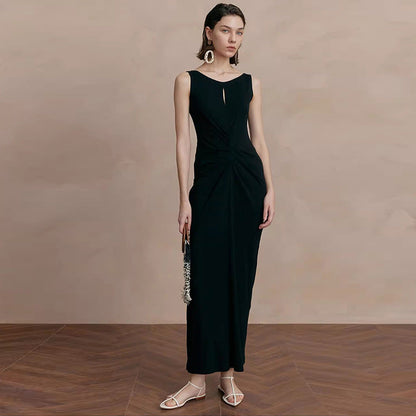 Color Round Neck Sleeveless Dress Pleated Dresses